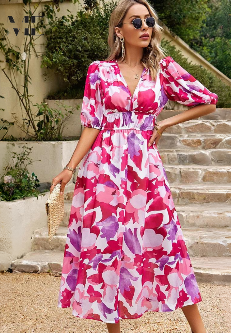 Robe Midi Élégante à Fleurs avec Manches Bouffantes pour Femme