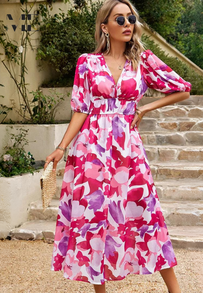Robe Midi Élégante à Fleurs avec Manches Bouffantes pour Femme