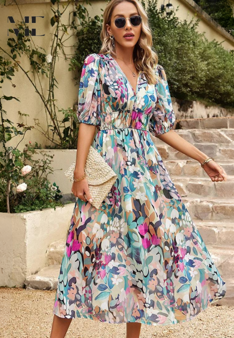 Robe Midi Femme à Imprimé Abstrait Coloré – Robe Bohème Col V