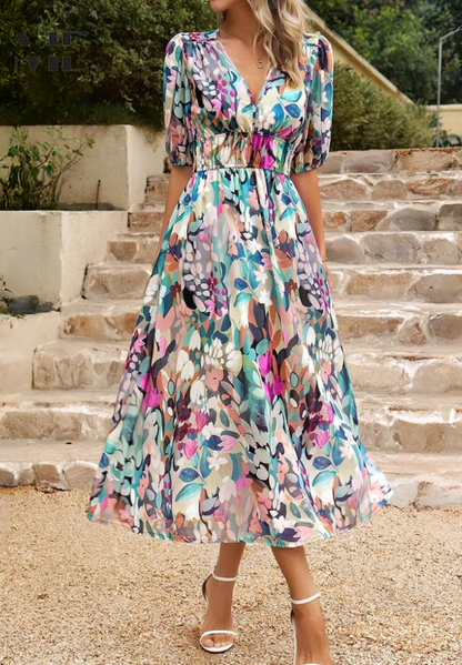 Robe Midi Femme à Imprimé Abstrait Coloré – Robe Bohème Col V