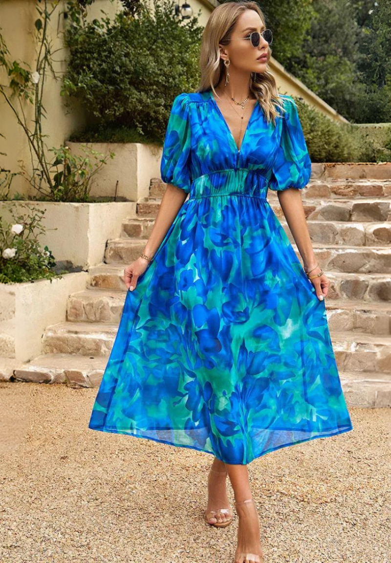 Robe Midi Élégante à Fleurs avec Manches Bouffantes pour Femme