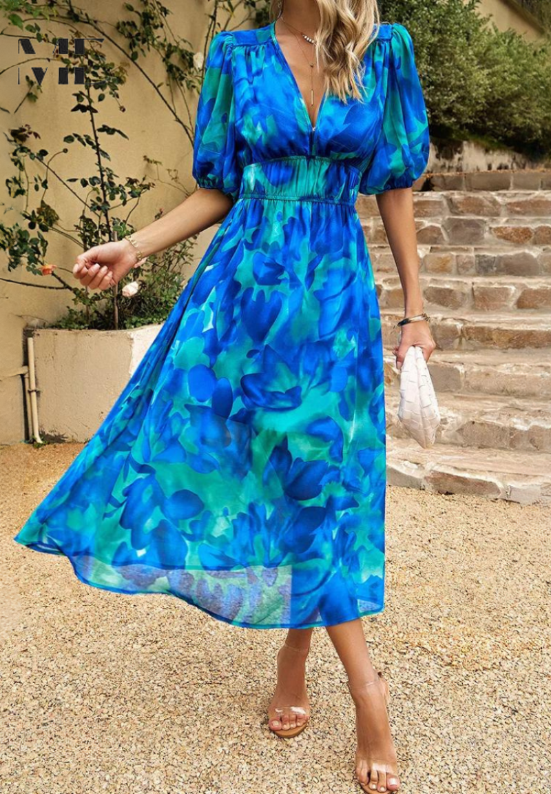 Robe Midi Femme à Imprimé Abstrait Coloré – Robe Bohème Col V