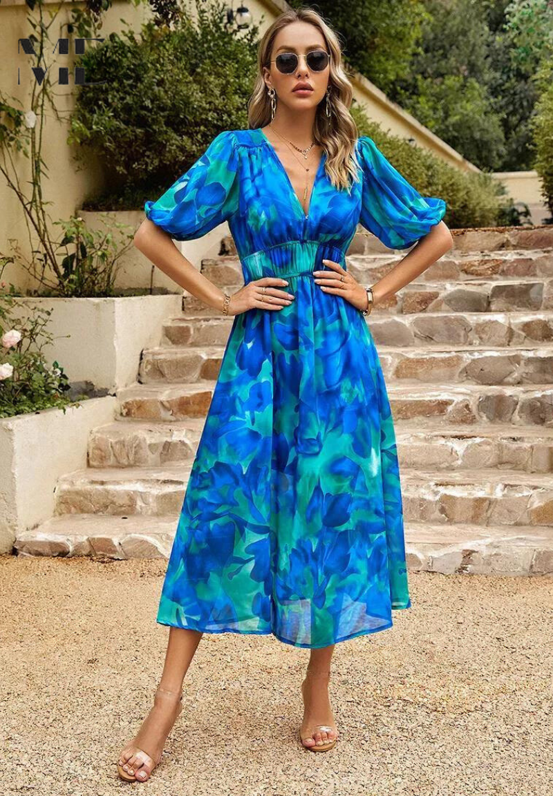 Robe Midi Élégante à Fleurs avec Manches Bouffantes pour Femme