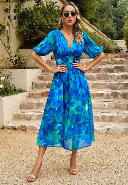 Robe Midi Élégante à Fleurs avec Manches Bouffantes pour Femme