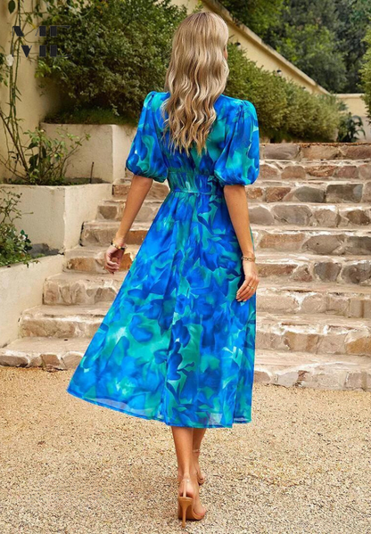 Robe Midi Femme à Imprimé Abstrait Coloré – Robe Bohème Col V