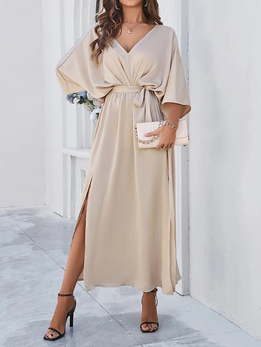 Elegant Midi Dress for Women with V-Neck – Slit Design with Three-Quarter Batwing Sleeves