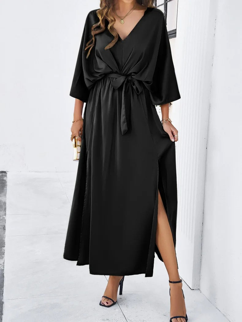 Robe Midi Élégante Femme Col V – Design Fendu avec Manches Chauve-Souris 3/4
