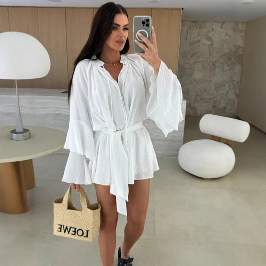 Robe Mini Élegante Femme Col V – Manches Évasées à Volants avec Taille Ajustable