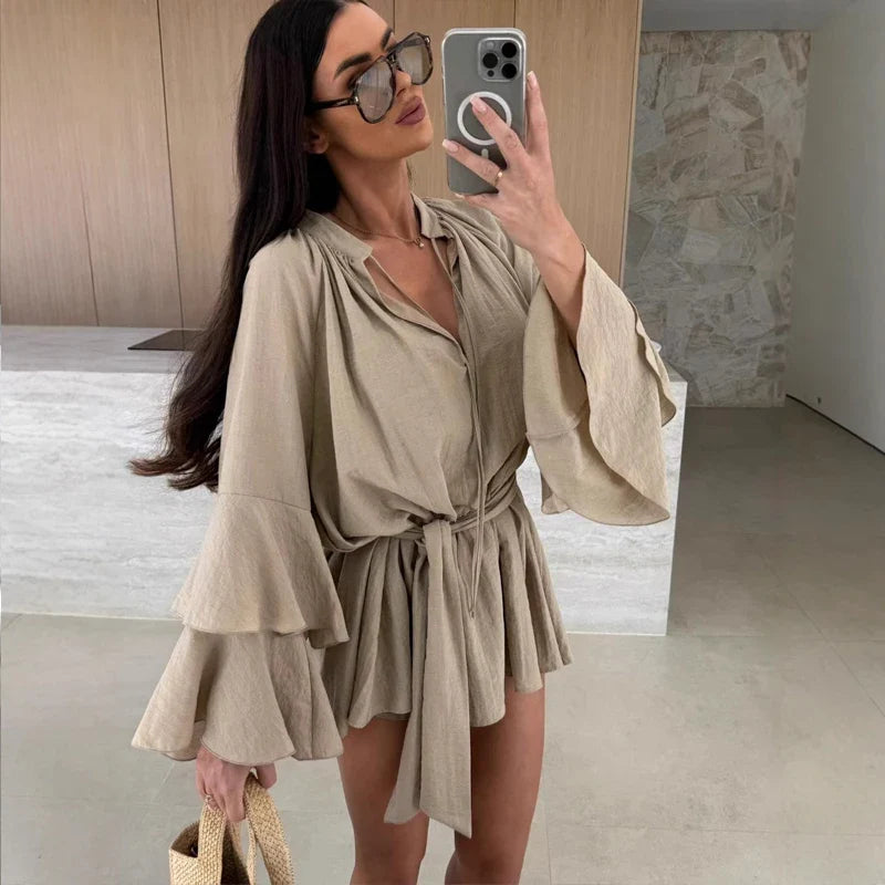Robe Mini Élegante Femme Col V – Manches Évasées à Volants avec Taille Ajustable