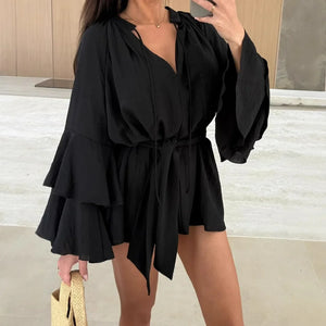 Abito Mini Elegante Donna con Scollo a V – Maniche Svasate con Volant e Vita Regolabile