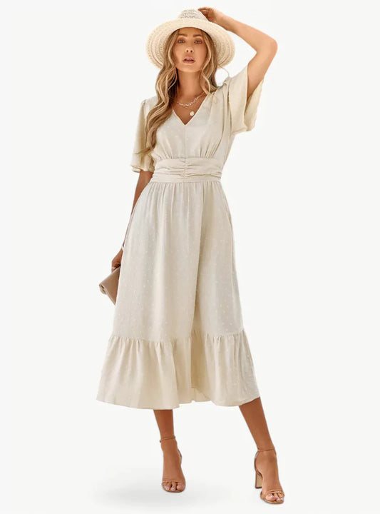 Women's Midi Summer Dress with V-Neck – Loose and Casual Feminine Fit, Accentuating the Waist