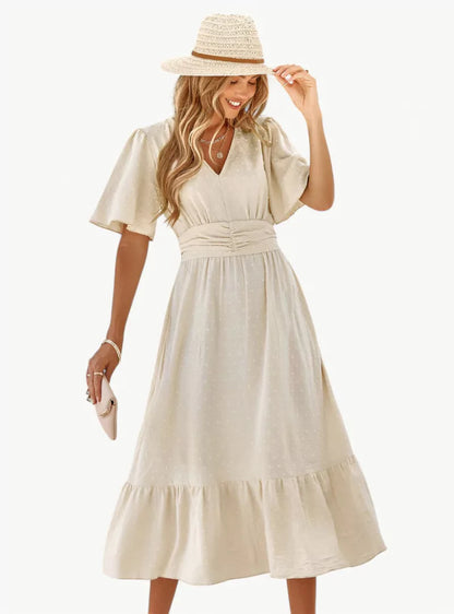 Robe d'été midi à col V pour femme – Coupe ample et féminine décontractée, mettant en valeur la taille