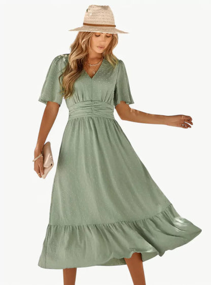 Robe d'été midi à col V pour femme – Coupe ample et féminine décontractée, mettant en valeur la taille