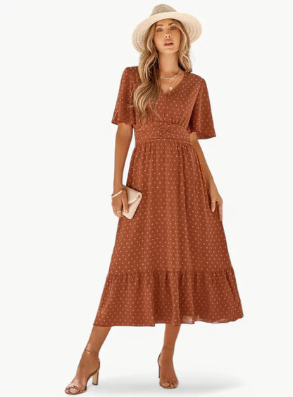 Robe d'été midi à col V pour femme – Coupe ample et féminine décontractée, mettant en valeur la taille