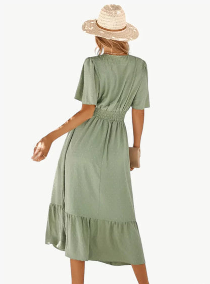 Robe d'été midi à col V pour femme – Coupe ample et féminine décontractée, mettant en valeur la taille
