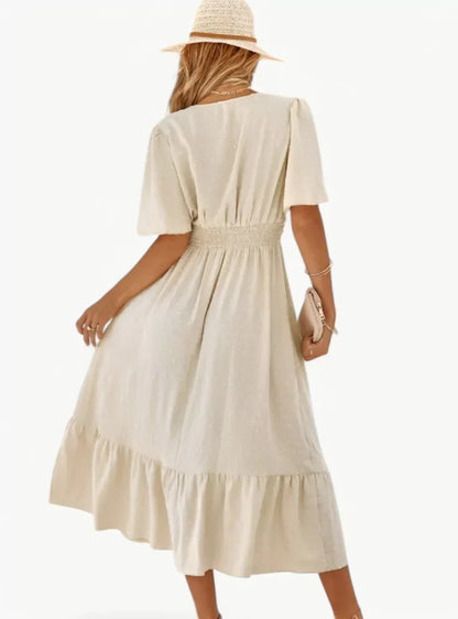 Robe d'été midi à col V pour femme – Coupe ample et féminine décontractée, mettant en valeur la taille