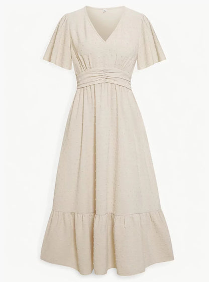 Robe d'été midi à col V pour femme – Coupe ample et féminine décontractée, mettant en valeur la taille