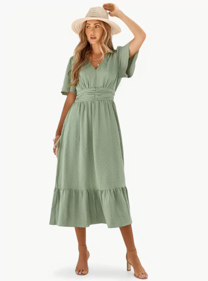 Robe d'été midi à col V pour femme – Coupe ample et féminine décontractée, mettant en valeur la taille