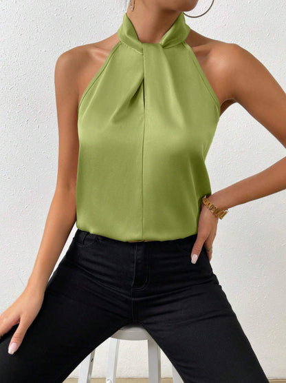 Blouse Femme Satinée à Col Halter – Haut Élégant à Col Noué Style Soie