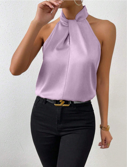 Blouse Femme Satinée à Col Halter – Haut Élégant à Col Noué Style Soie