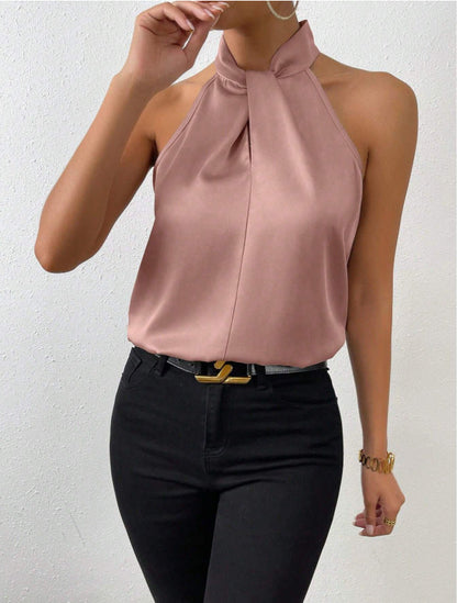Blouse Femme Satinée à Col Halter – Haut Élégant à Col Noué Style Soie