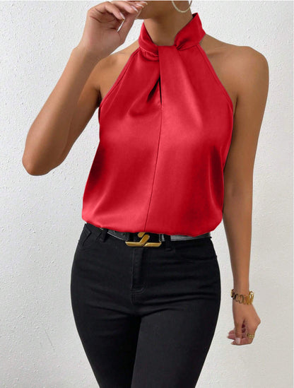 Blouse Femme Satinée à Col Halter – Haut Élégant à Col Noué Style Soie