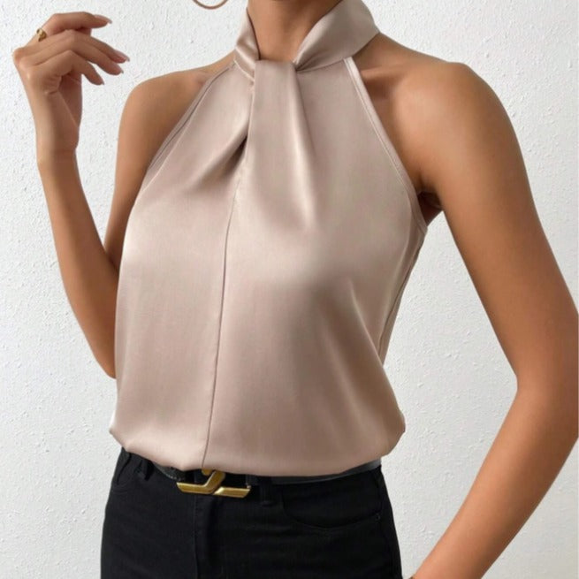 Blouse Élégante Femme en Soie – Col Halter avec Nœud Top Chic Décontracté