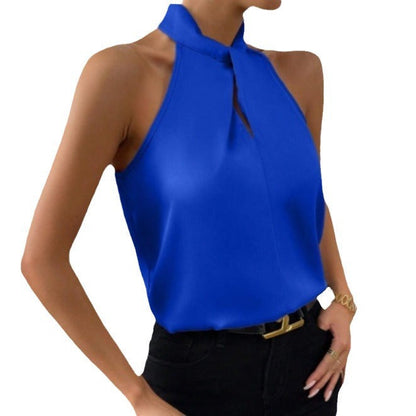 Blouse Élégante Femme en Soie – Col Halter avec Nœud Top Chic Décontracté