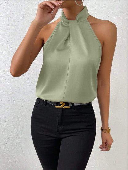 Blouse Élégante Femme en Soie – Col Halter avec Nœud Top Chic Décontracté