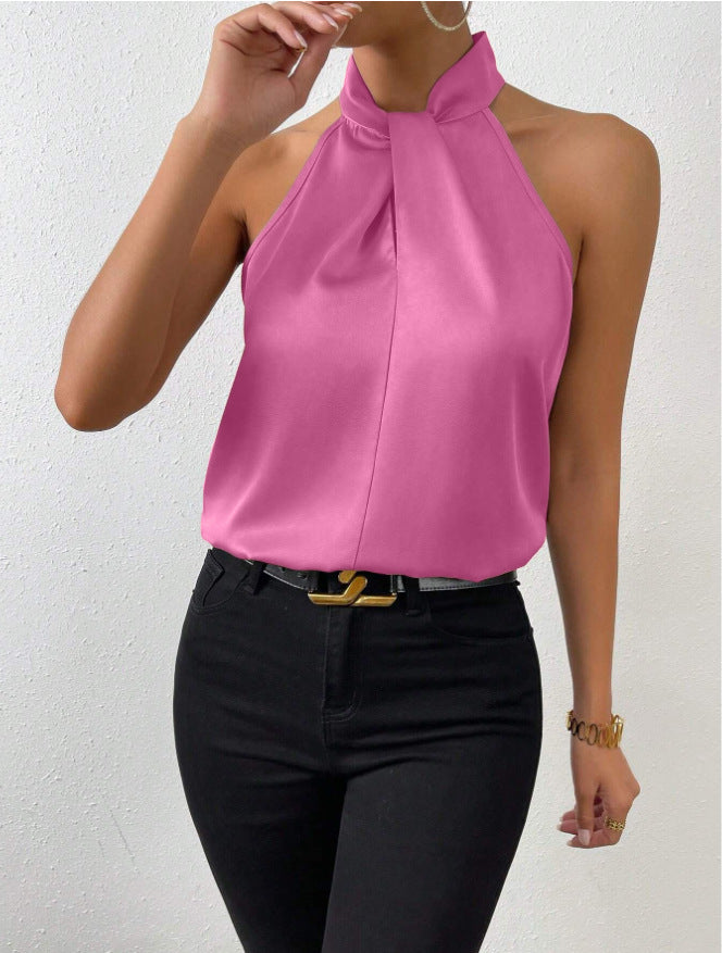 Blouse Élégante Femme en Soie – Col Halter avec Nœud Top Chic Décontracté
