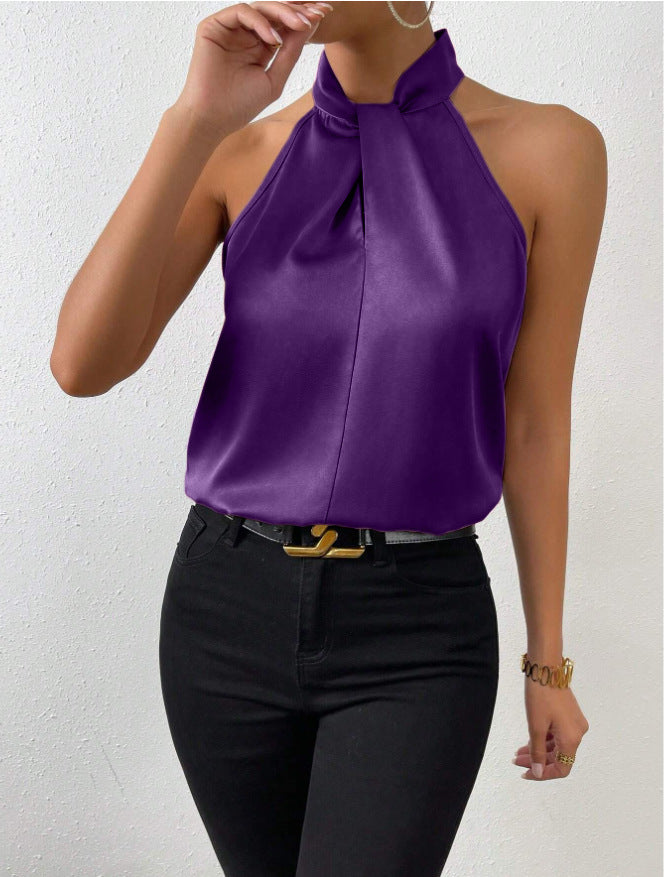 Blouse Élégante Femme en Soie – Col Halter avec Nœud Top Chic Décontracté