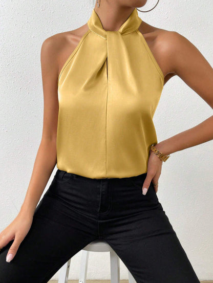 Blouse Élégante Femme en Soie – Col Halter avec Nœud Top Chic Décontracté