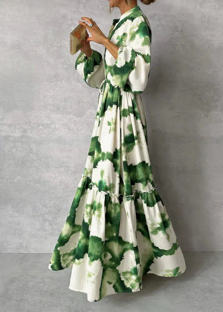 Robe longue évasée à manches longues et col en V pour femme, verte et blanche – Tenue d'été élégante, fluide et légère