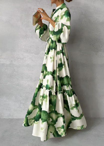 Femmes Robe Maxi Verte Élégante à Manches Bouffantes – Stylé, Écoulement