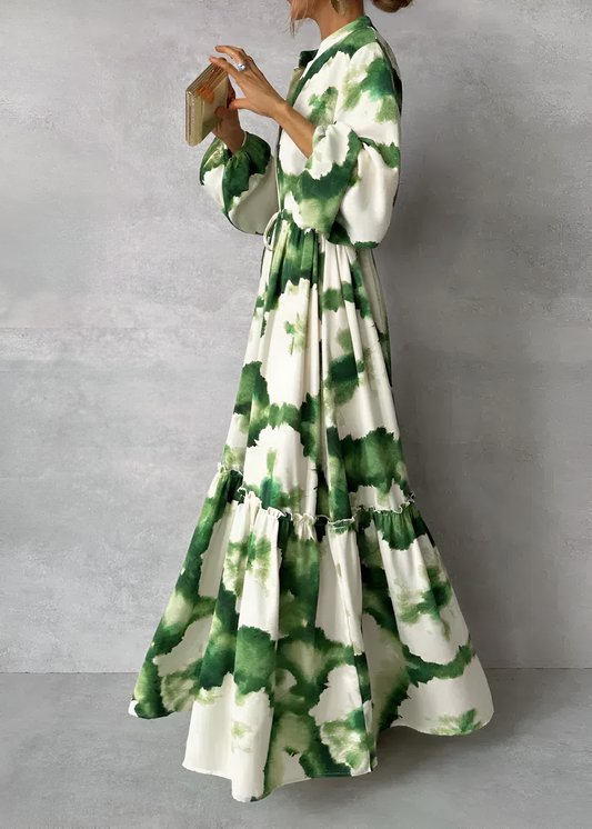 Femmes Robe Maxi Verte Élégante à Manches Bouffantes – Stylé, Écoulement