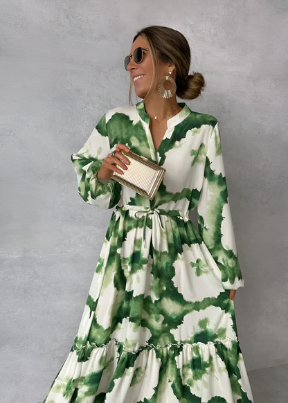 Femmes Robe Maxi Verte Élégante à Manches Bouffantes – Stylé, Écoulement