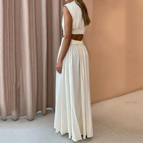 Robe Maxi Sans Manches Col Montant Femme – Style Plissé Fluide avec Découpes