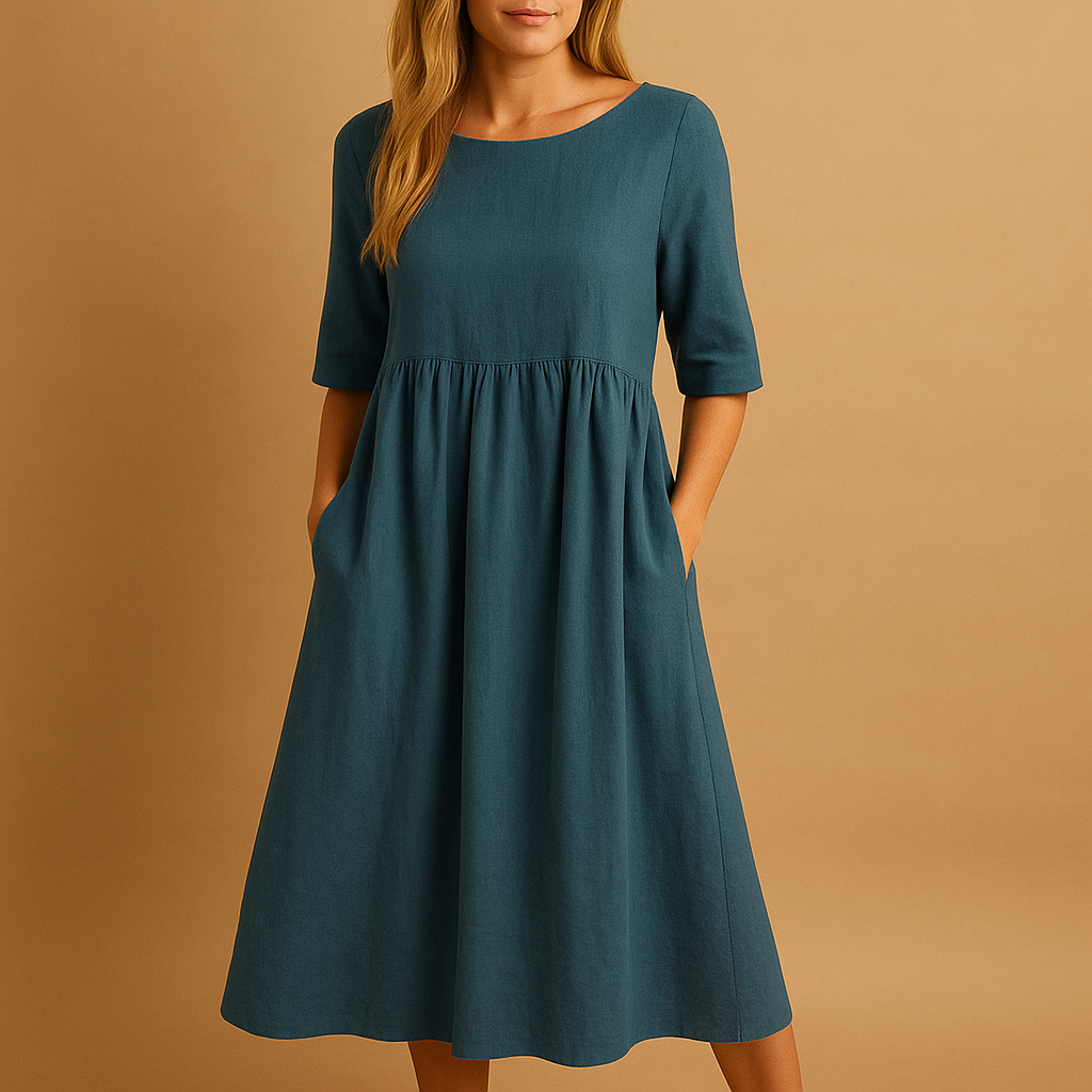 Robe Midi Femme Coupe Ample en Coton avec Poches – Style Décontracté Col Rond