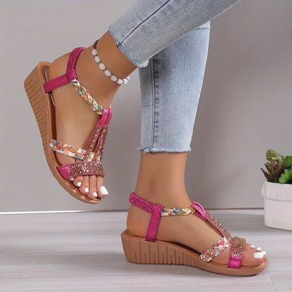 Sandales Compensées Élégantes pour Femme – Semelle Souple avec Strass Bohème