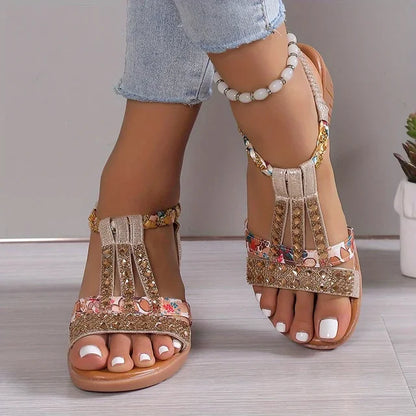 Sandales Compensées Élégantes pour Femme – Semelle Souple avec Strass Bohème