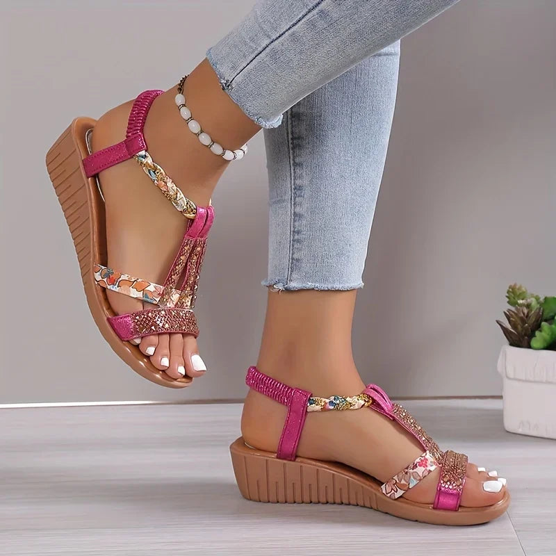 Sandales Compensées Élégantes pour Femme – Semelle Souple avec Strass Bohème