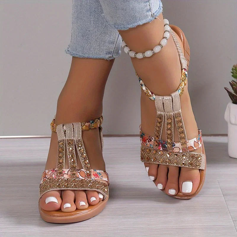 Sandales Compensées Élégantes pour Femme – Semelle Souple avec Strass Bohème