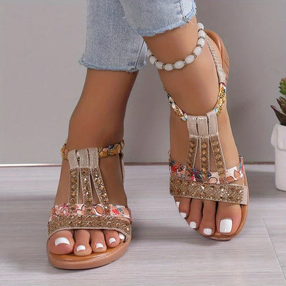 Sandales Compensées Élégantes pour Femme – Semelle Souple avec Strass Bohème