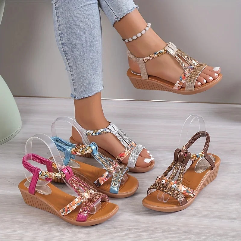 Sandales Compensées Élégantes pour Femme – Semelle Souple avec Strass Bohème