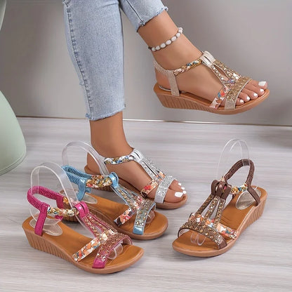 Sandales Compensées Élégantes pour Femme – Semelle Souple avec Strass Bohème
