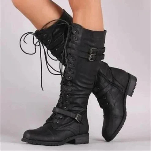 Bottes plates rétro pour femme avec boucle et lacets