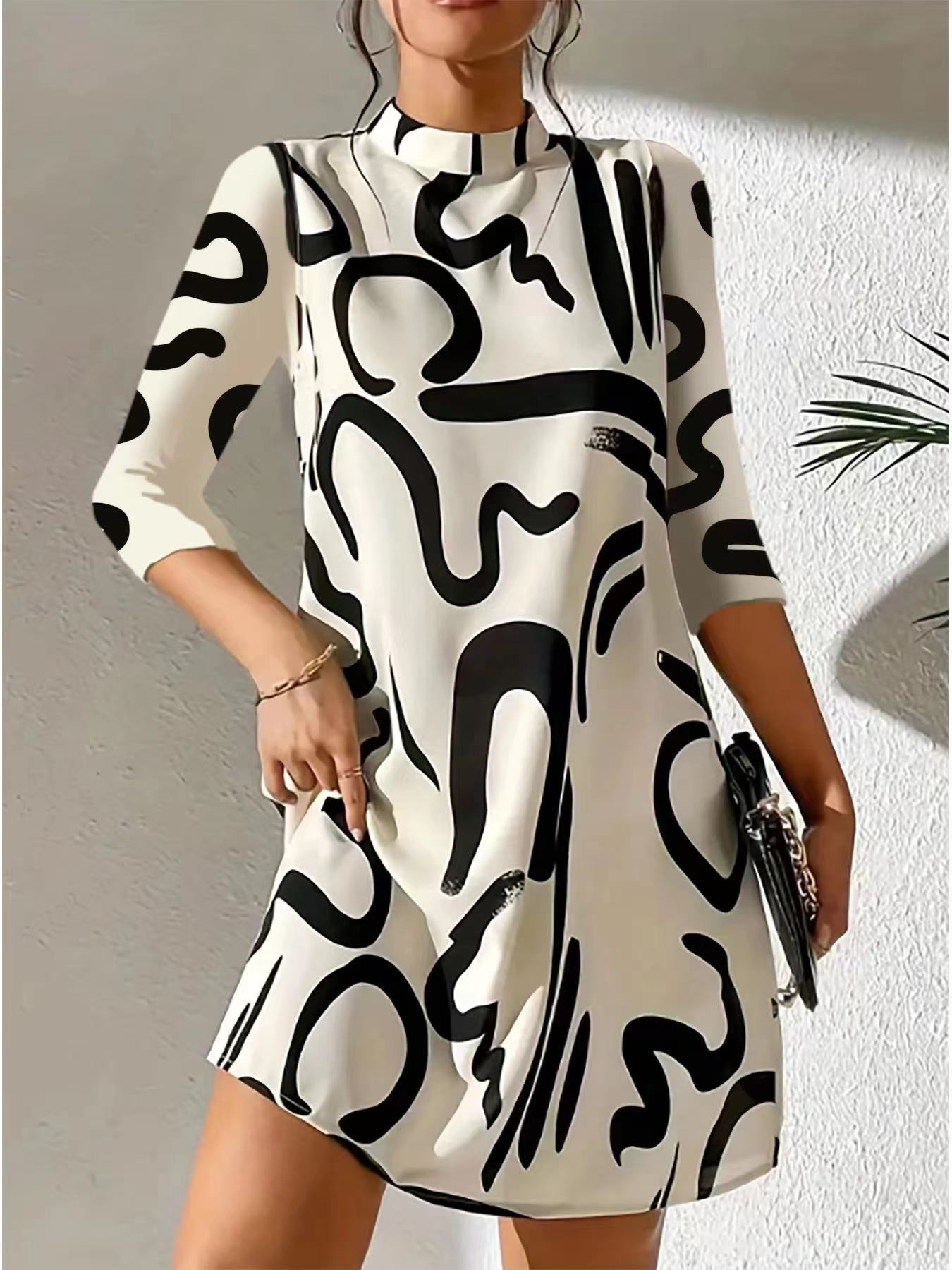 Robe Mini Décontractée à Manches 3/4 Femme – Col Haut Coupe Décontractée Été