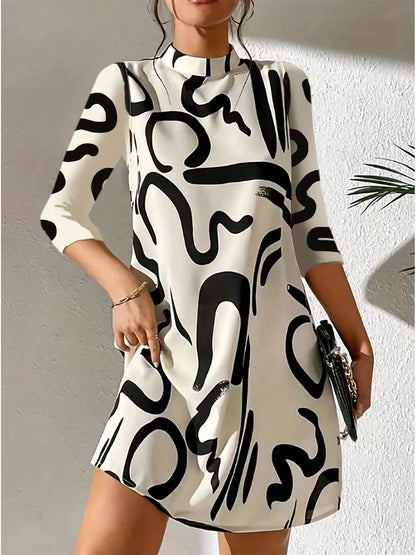 Robe Mini Décontractée à Manches 3/4 Femme – Col Haut Coupe Décontractée Été