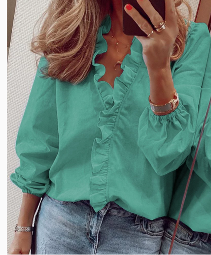 Blusa elegante con volantes para mujer – Top casual de mangas largas