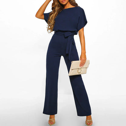 Combinaison élégante femmes – Ceinture, manches courtes et jambes larges, tenue flatteuse et pour occasions décontractées ou habillées